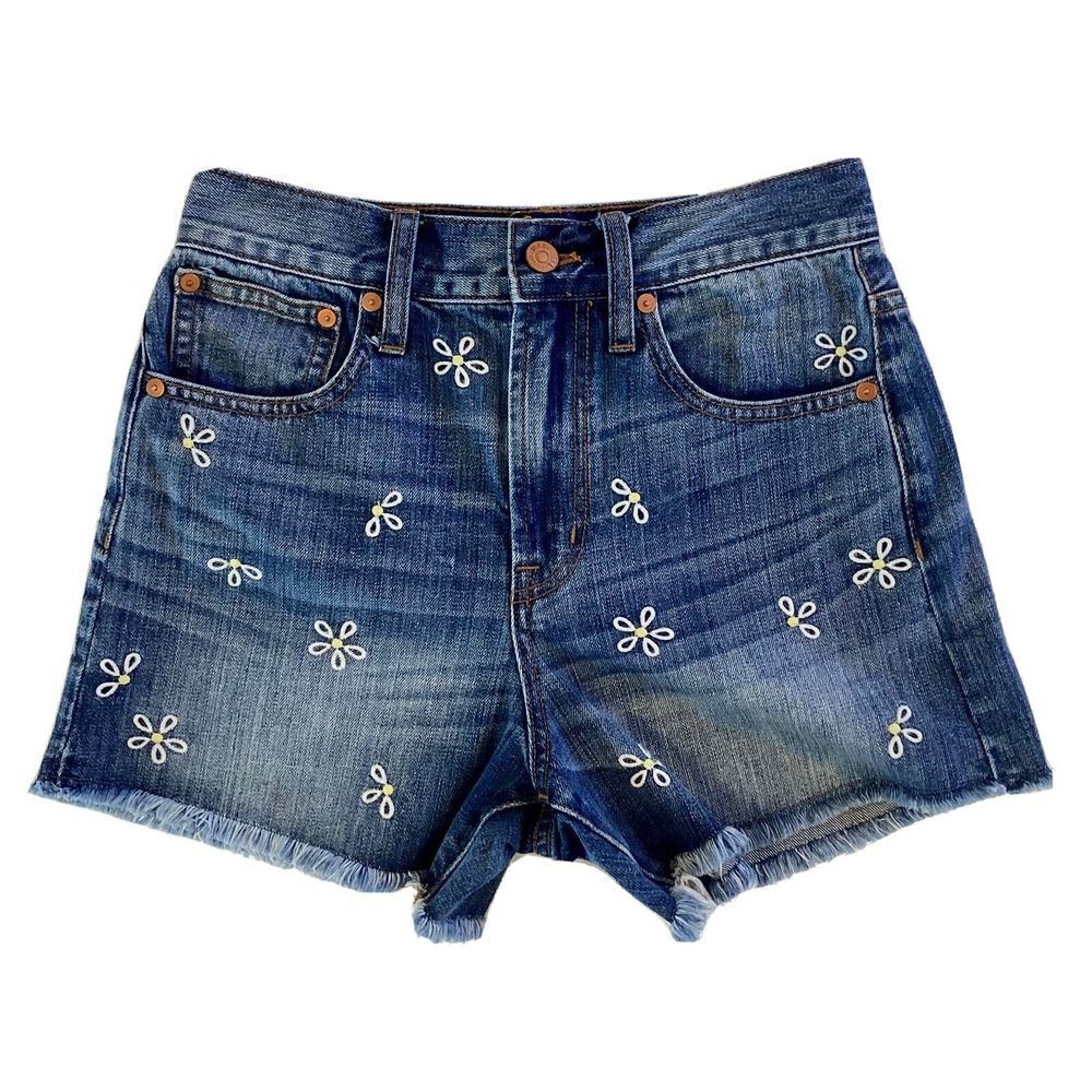 Women's Sz 24 MADEWELL High Rise Cut Off Daisy Embroidered Denim Jean Shorts EUC